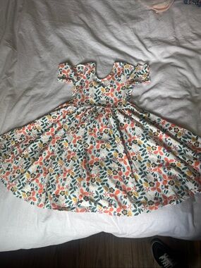 Girls Floral Twirl Dress in Cream with Coral & Green
